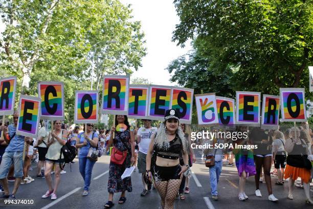 Representatives of the CERO CORT seen during the 2018 Pride Parade. Thousands of people have supported the Gay Pride 2018 demonstration in Madrid....
