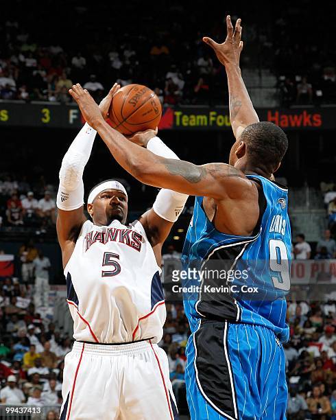 Rashard Lewis of the Orlando Magic and Josh Smith of the Atlanta Hawks during Game Three of the Eastern Conference Semifinals during the 2010 NBA...