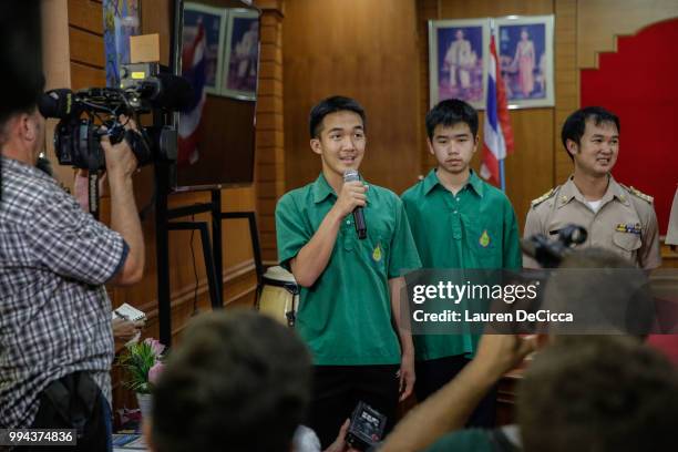 Classmate of the Wild Boars soccer team talks to the press about his hopes for the group's safe return at the Maisaiprasitart School on July 9, 2018...
