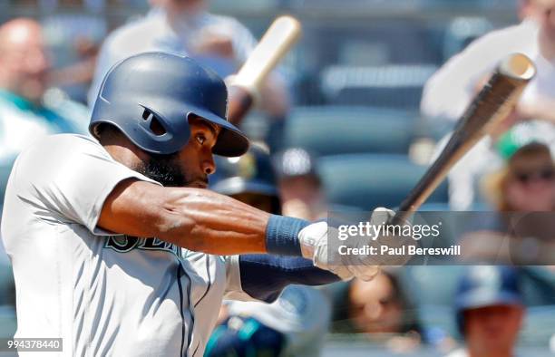 Denard Span of the Seattle Mariners bats during an MLB baseball game against the New York Yankees on June 21, 2018 at Yankee Stadium in the Bronx...