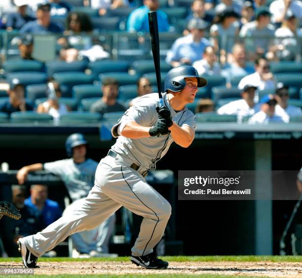 Kyle Seager of the Seattle Mariners hits a single during an MLB baseball game against the New York Yankees on June 21, 2018 at Yankee Stadium in the...