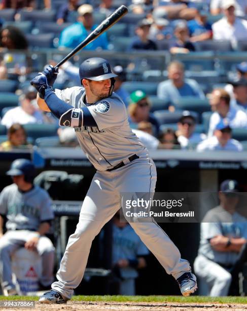 Mike Zunino of the Seattle Mariners bats during an MLB baseball game against the New York Yankees on June 21, 2018 at Yankee Stadium in the Bronx...