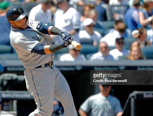 Nelson Cruz of the Seattle Mariners hits an outfield double during an MLB baseball game against the New York Yankees on June 21, 2018 at Yankee...