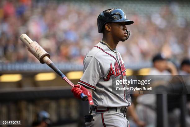 Johan Camargo of the Atlanta Braves waits in the on-deck circle in the second inning against the Milwaukee Brewers at Miller Park on July 5, 2018 in...