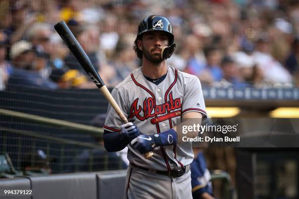 Dansby Swanson of the Atlanta Braves waits in the on-deck circle in the second inning against the Milwaukee Brewers at Miller Park on July 5, 2018 in...