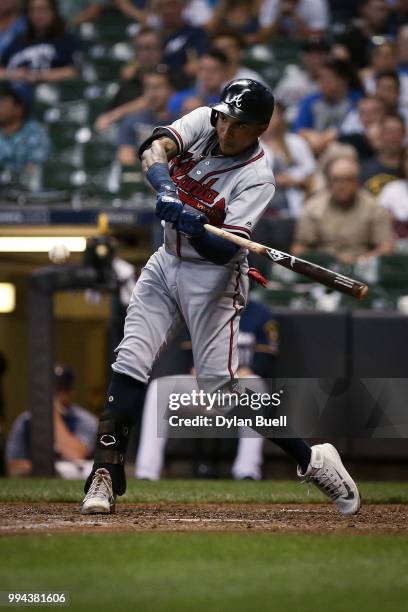 Johan Camargo of the Atlanta Braves grounds out in the seventh inning against the Milwaukee Brewers at Miller Park on July 5, 2018 in Milwaukee,...