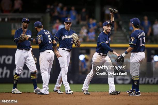 The Milwaukee Brewers celebrate after beating the Atlanta Braves 7-2 at Miller Park on July 5, 2018 in Milwaukee, Wisconsin.