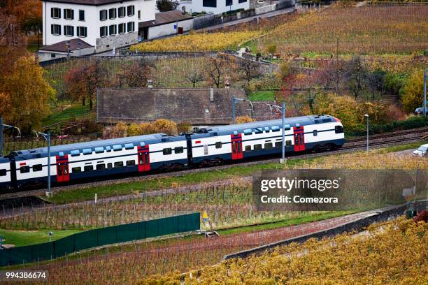 train pass through village and vineyard farm, switzerland - comezora stock-fotos und bilder