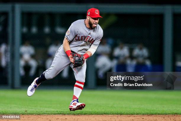 Jason Kipnis of the Cleveland Indians fields the ball against the Kansas City Royals during the sixth inning at Kauffman Stadium on July 2, 2018 in...