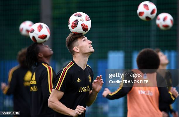 Belgium's defender Thomas Meunier attends a training session at the Guchkovo Stadium in Dedovsk, outside Moscow, on July 9 on the eve of their Russia...