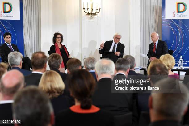 German president Frank-Walter Steinmeier talks to Parag Khanna , Richard von Weizsaecker Fellow of the Robert Bosch Academy, Susan Neiman, director...