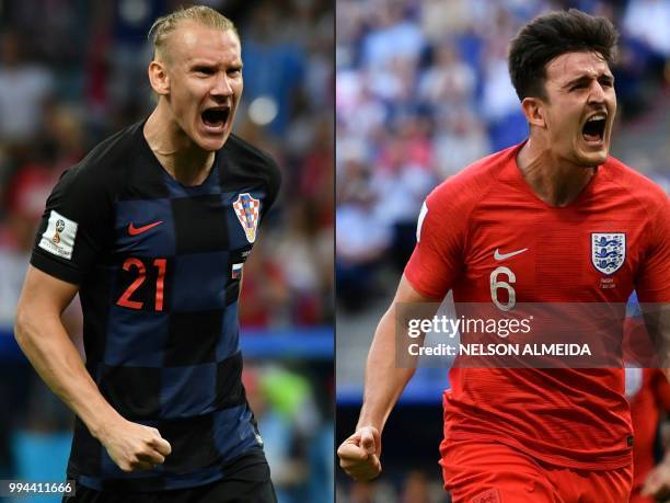 This combination of pictures created on July 09, 2018 shows Croatia's defender Domagoj Vida in Sochi on July 7 and England's defender Harry Maguire...