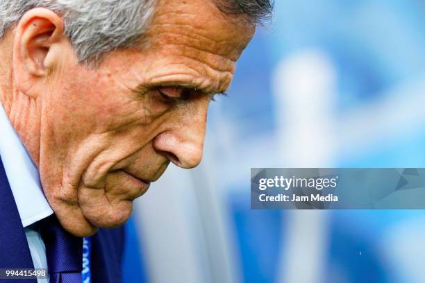 Oscar Tabarez, Manager of Uruguay looks dejected during the 2018 FIFA World Cup Russia Quarter Final match between Uruguay and France at Nizhny...