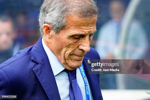 Oscar Tabarez, Manager of Uruguay looks dejected during the 2018 FIFA World Cup Russia Quarter Final match between Uruguay and France at Nizhny...