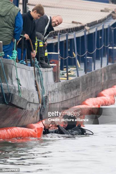 Diver beside a freight barge on the River Danube in Straubing, Germany, 20 September 2017. After a leak in the engine room, the fire service pumped...