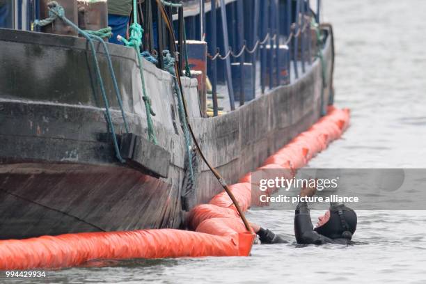 Diver beside a freight barge on the River Danube in Straubing, Germany, 20 September 2017. After a leak in the engine room, the fire service pumped...