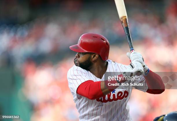 Carlos Santana of the Philadelphia Phillies in action against the Washington Nationals during a game at Citizens Bank Park on June 29, 2018 in...