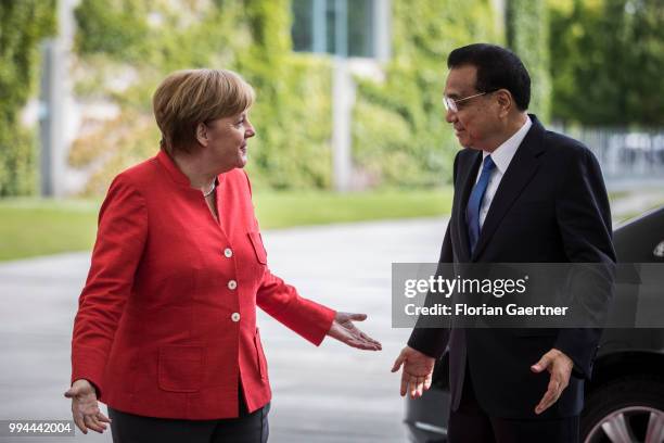 German Chancellor Angela Merkel meets Li Keqiang , Prime Minister of China, on July 09, 2018 in Berlin, Germany. They come together because of the...