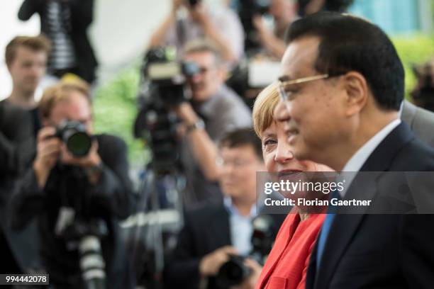 German Chancellor Angela Merkel meets Li Keqiang , Prime Minister of China, on July 09, 2018 in Berlin, Germany. They come together because of the...