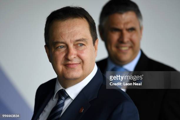 Serbian Minister of Foreign Affairs, Ivica Dacic, arrives at the Crystal Centre ahead of the Western Balkans Summit on July 9, 2018 in London,...