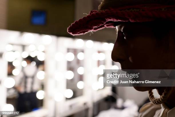 Model is seen backstage before the Palomo Spain fashion show during the Mercedes-Benz Fashion Week Madrid Spring/Summer 2019 at Museo Nacional de...