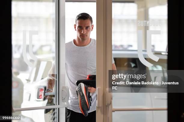 Mattia De Sciglio attends a Juventus training session at Juventus Training Center on July 9, 2018 in Turin, Italy.