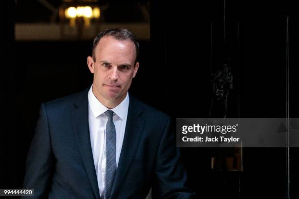 Dominic Raab leaves Number 10 Downing Street after being appointed Brexit Secretary by British Prime Minster Theresa May on July 9, 2018 in London,...