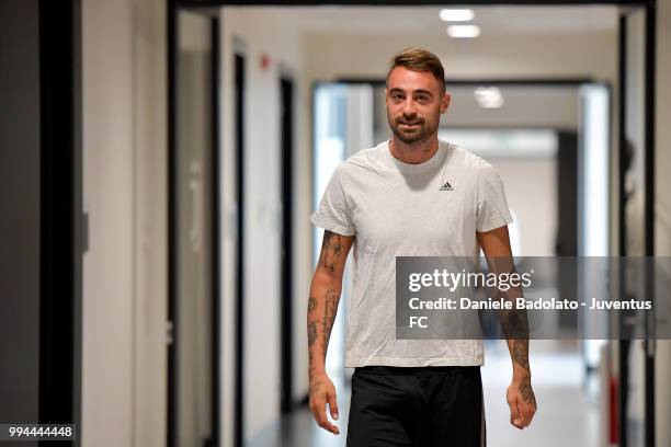 Carlo Pinsoglio attends a Juventus training session at Juventus Training Center on July 9, 2018 in Turin, Italy.