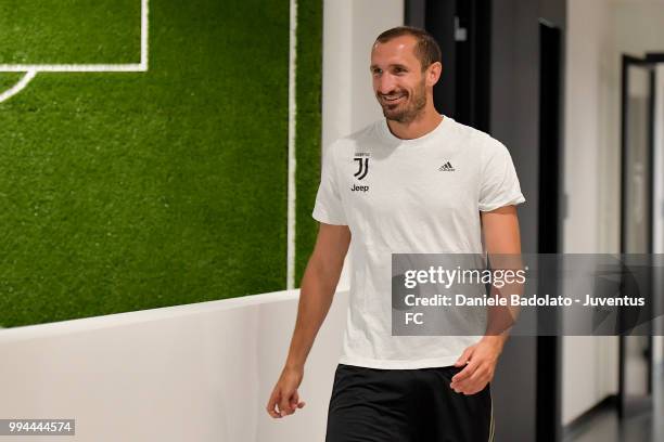 Giorgio Chiellini attends a Juventus training session at Juventus Training Center on July 9, 2018 in Turin, Italy.