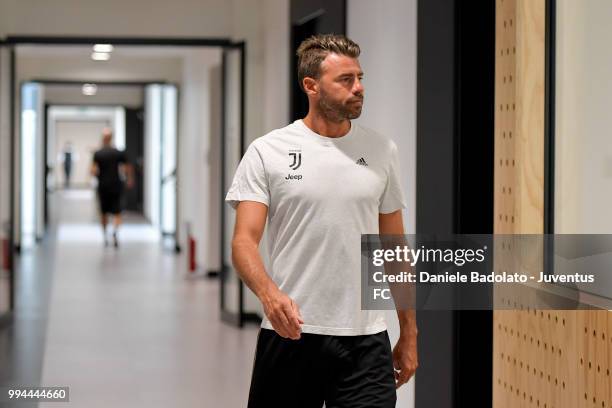 Andrea Barzagli attends a Juventus training session at Juventus Training Center on July 9, 2018 in Turin, Italy.