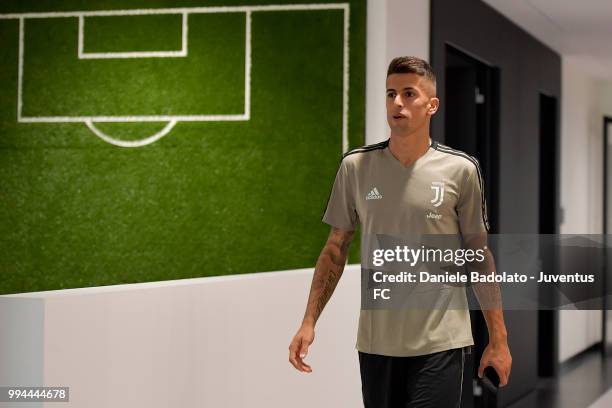 Joao Cancelo attends a Juventus training session at Juventus Training Center on July 9, 2018 in Turin, Italy.