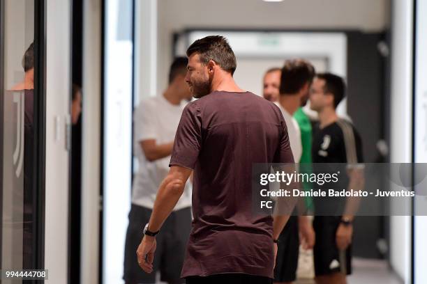 Andrea Barzagli attend a Juventus training session at Juventus Training Center on July 9, 2018 in Turin, Italy.