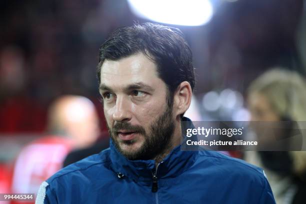 The coach of Mainz, Sandro Schwarz, seen prior to the German Bundesliga soccer match between FSV Mainz 05 and 1899 Hoffenheim in the Opel Arena in...