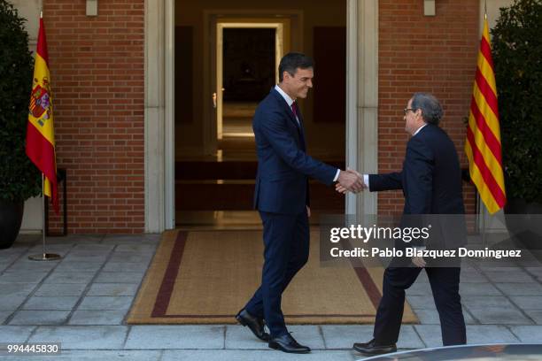 Spanish Prime Minister Pedro Sanchez meets Catalan regional president Quim Torra at Moncloa Palace on July 9, 2018 in Madrid, Spain. Spanish and...