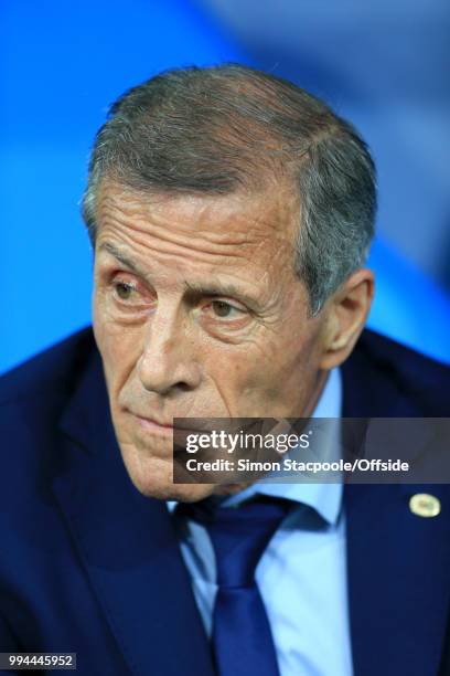 Uruguay coach Oscar Tabarez looks on during the 2018 FIFA World Cup Russia Round of 16 match between Uruguay and Portugal at the Fisht Stadium on...
