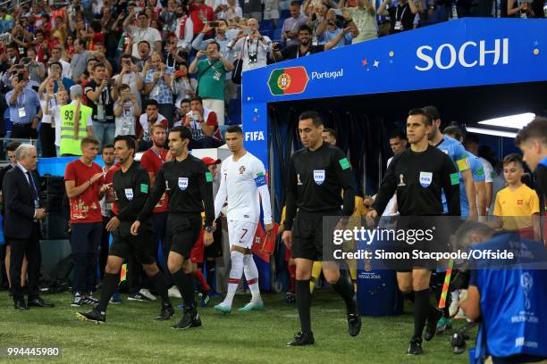 Cristiano Ronaldo of Portugal walks out of the tunnel ahead of the 2018 FIFA World Cup Russia Round of 16 match between Uruguay and Portugal at the...
