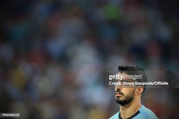 Luis Suarez of Uruguay looks on during the 2018 FIFA World Cup Russia Round of 16 match between Uruguay and Portugal at the Fisht Stadium on June 30,...