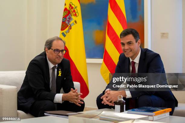 Spanish Prime Minister Pedro Sanchez meets Catalan regional president Quim Torra at Moncloa Palace on July 9, 2018 in Madrid, Spain. Spanish and...