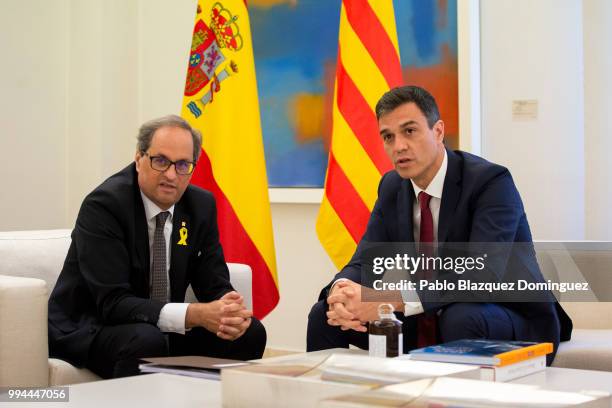 Spanish Prime Minister Pedro Sanchez meets Catalan regional president Quim Torra at Moncloa Palace on July 9, 2018 in Madrid, Spain. Spanish and...