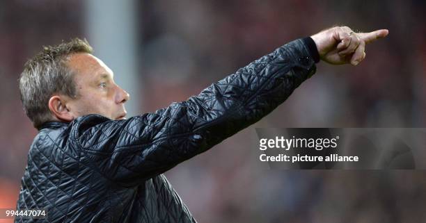 Hanover's coach Andre Breitenreiter gives instructions during the German Bundesliga soccer match between SC Freiburg and Hannover 96 in the...