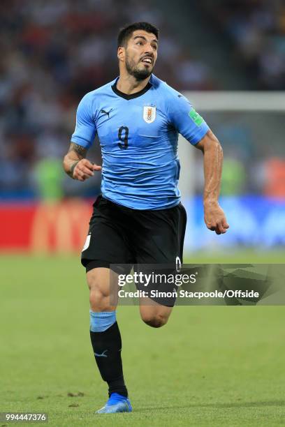 Luis Suarez of Uruguay in action during the 2018 FIFA World Cup Russia Round of 16 match between Uruguay and Portugal at the Fisht Stadium on June...