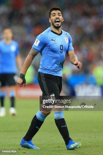 Luis Suarez of Uruguay shouts during the 2018 FIFA World Cup Russia Round of 16 match between Uruguay and Portugal at the Fisht Stadium on June 30,...
