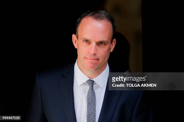 Britain's new Secretary of State for Exiting the European Union Dominic Raab leaves 10 Downing Street in central London on July 9, 2018 following his...