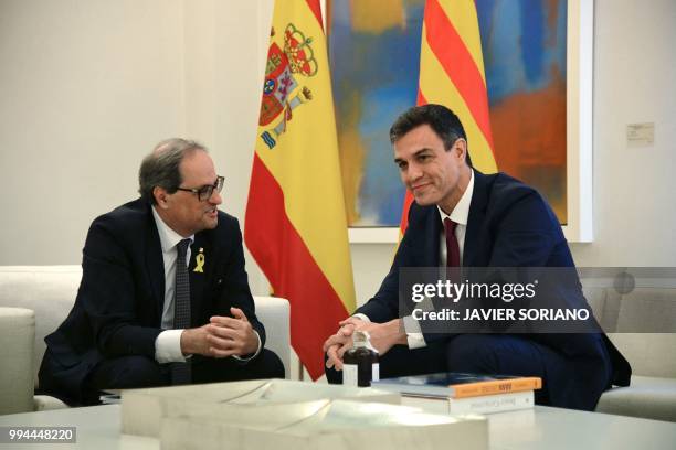 Spanish Prime Minister Pedro Sanchez meets with Catalan regional president Quim Torra at the Moncloa Palace in Madrid on July 9, 2018. Prime minister...