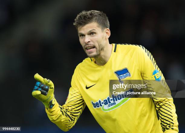 Hertha's keeper Rune Jarstein gives instructions during the German Bundesliga soccer match between Hertha BSC and Bayer Leverkusen in the...