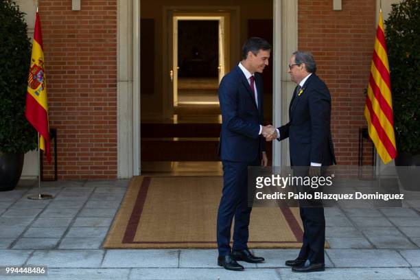 Spanish Prime Minister Pedro Sanchez meets Catalan regional president Quim Torra at Moncloa Palace on July 9, 2018 in Madrid, Spain. Spanish and...