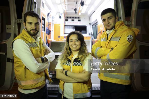 Birgul Kuyucuoglu, the only woman ambulance driver of Istanbul 112 Emergency Service station poses in front of an ambulance in Istanbul, Turkey on...