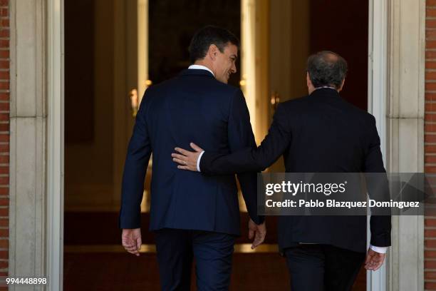 Spanish Prime Minister Pedro Sanchez meets Catalan regional president Quim Torra at Moncloa Palace on July 9, 2018 in Madrid, Spain. Spanish and...