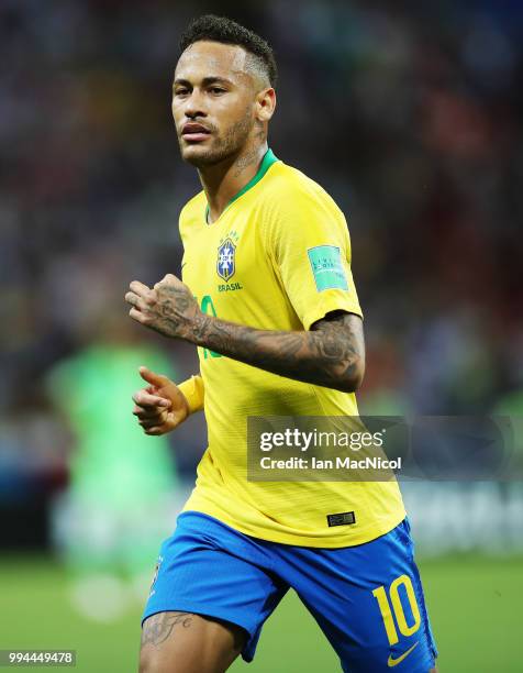 Neymar of Brazil is seen during the 2018 FIFA World Cup Russia Quarter Final match between Winner Game 53 and Winner Game 54 at Kazan Arena on July...