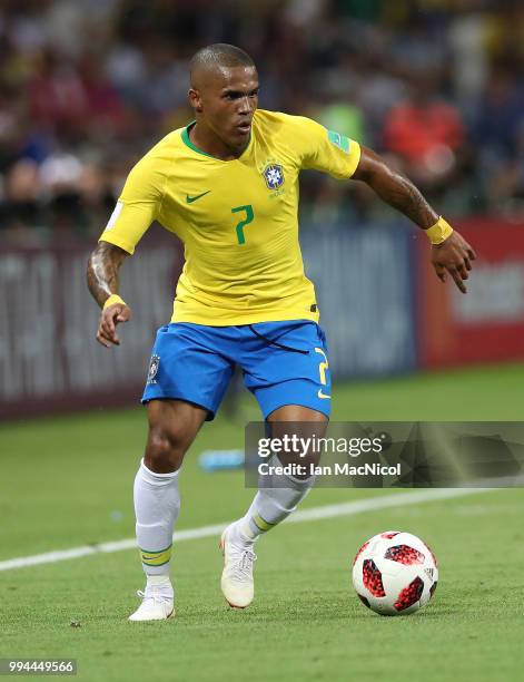 Douglas Costa of Brazil controls the ball during the 2018 FIFA World Cup Russia Quarter Final match between Winner Game 53 and Winner Game 54 at...